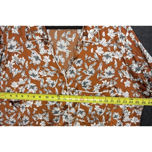 La Ligne Target Pajama Satin Top 2x Brown White Floral Long Sleeve Shirt Button - Picture 7 of 9